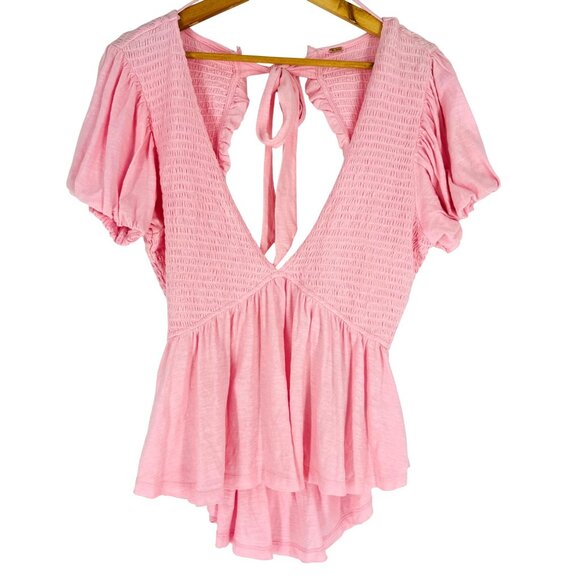 Free People Womens Pink Open Back Smocked Puff Sleeve Peplum Tie Blouse Top L/XL - Picture 4 of 9